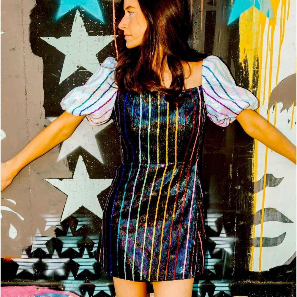 Queen of Sparkles - RAINBOW SEQUIN STRIPE DRESS WITH WHITE SLEEVES - Size Large